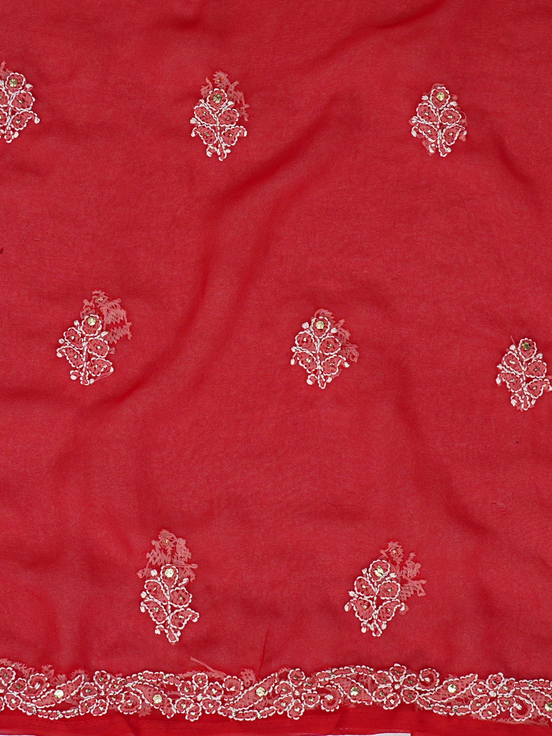 Ada Hand Embroidered Red Georgette Lucknowi Chikankari Unstitched Suit Piece With Mukaish Work 01A571002