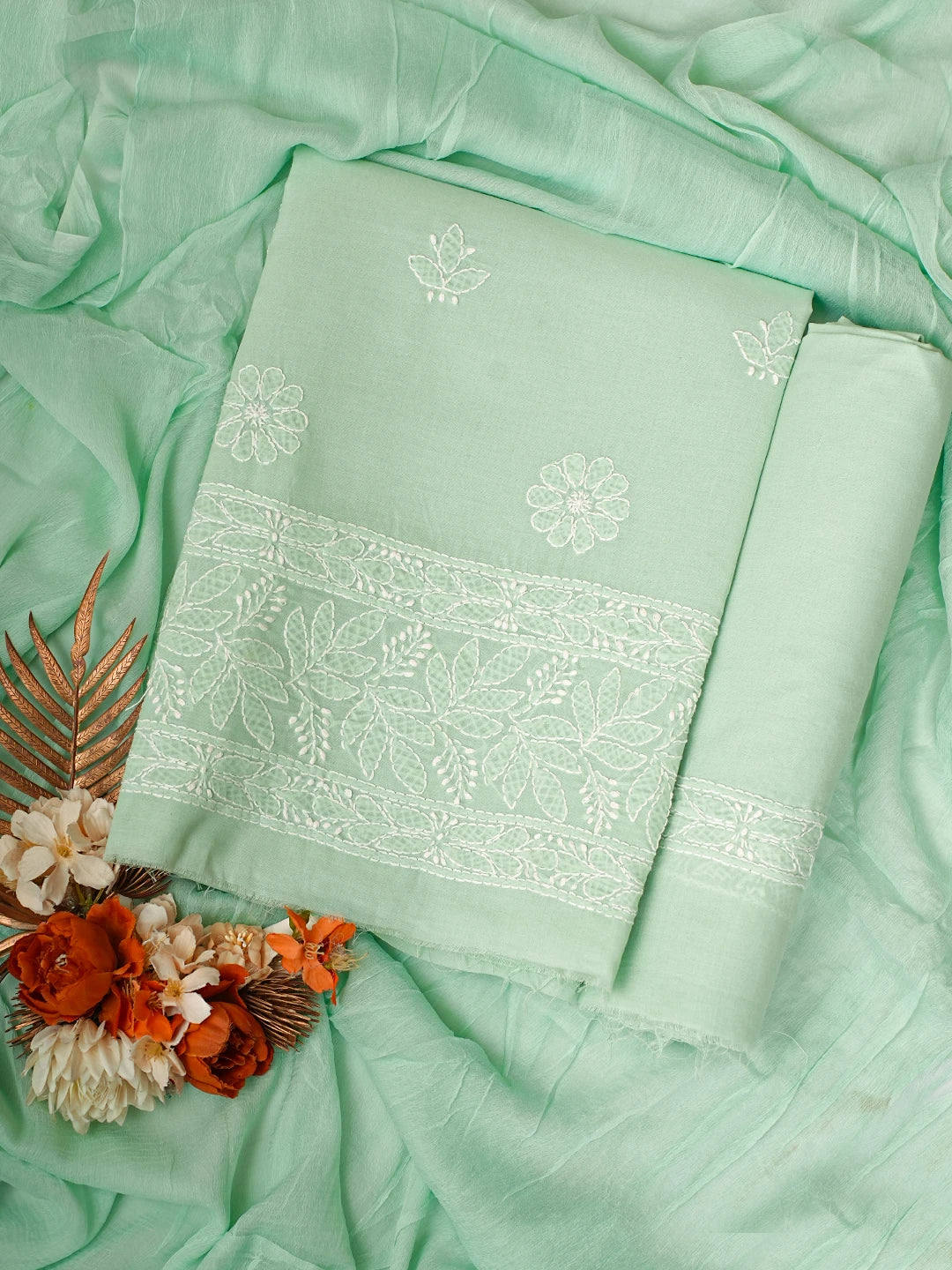 Ada Hand Embroidered Light Green Cotton Lucknowi Chikankari Unstitched Suit Piece 01A818681