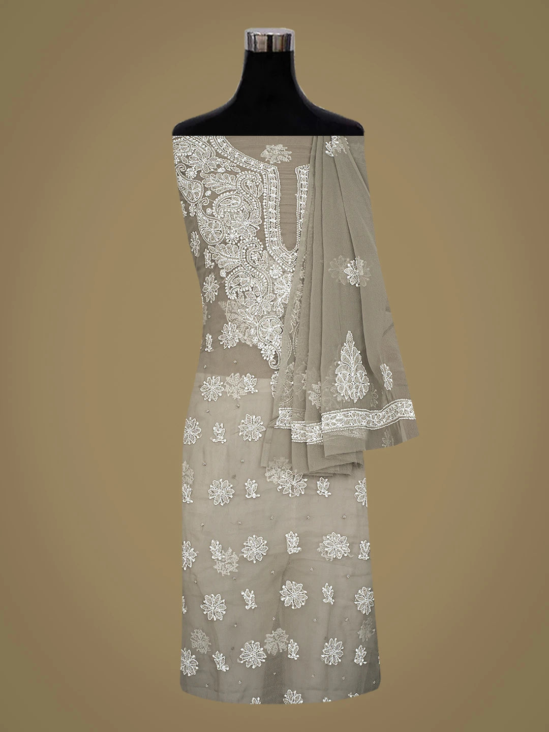 Ada Hand Embroidered Grey Georgette Lucknowi Chikankari Unstitched Suit Piece With Pearl Work 01A760893