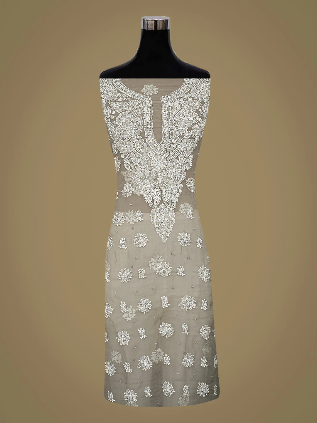 Ada Hand Embroidered Grey Georgette Lucknowi Chikankari Unstitched Suit Piece With Pearl Work 01A760893