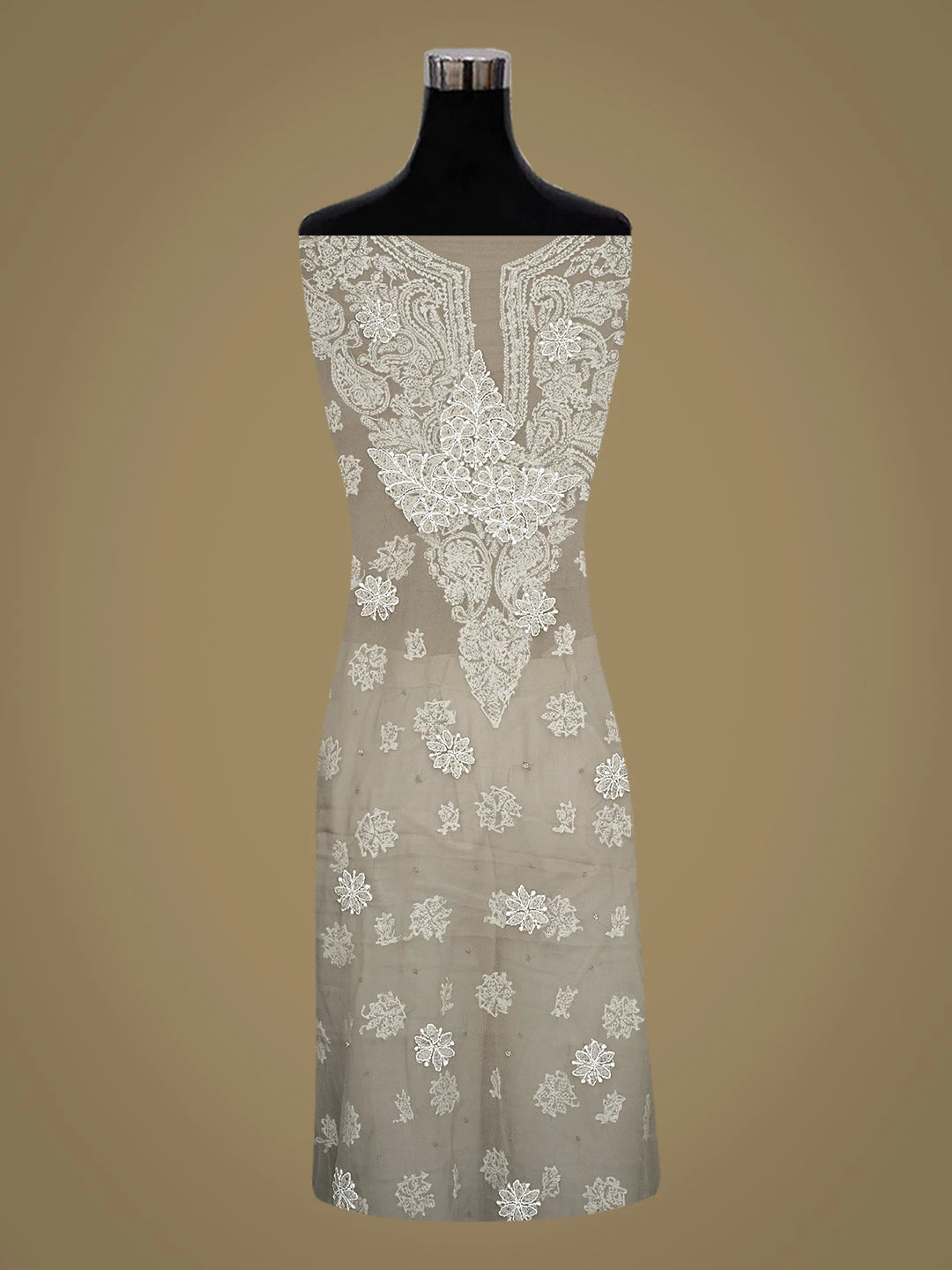 Ada Hand Embroidered Grey Georgette Lucknowi Chikankari Unstitched Suit Piece With Pearl Work 01A760893