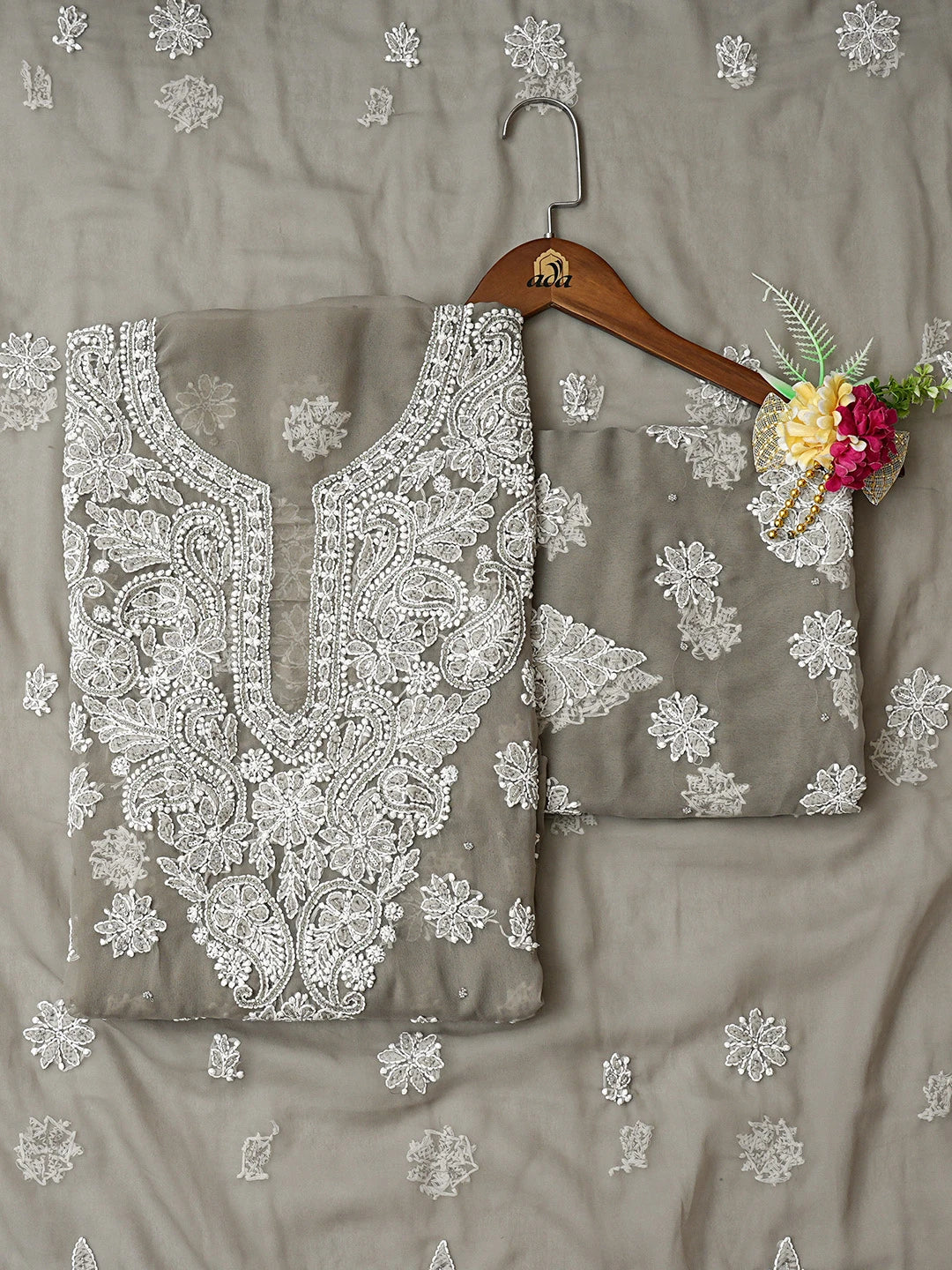 Ada Hand Embroidered Grey Georgette Lucknowi Chikankari Unstitched Suit Piece With Pearl Work 01A760893