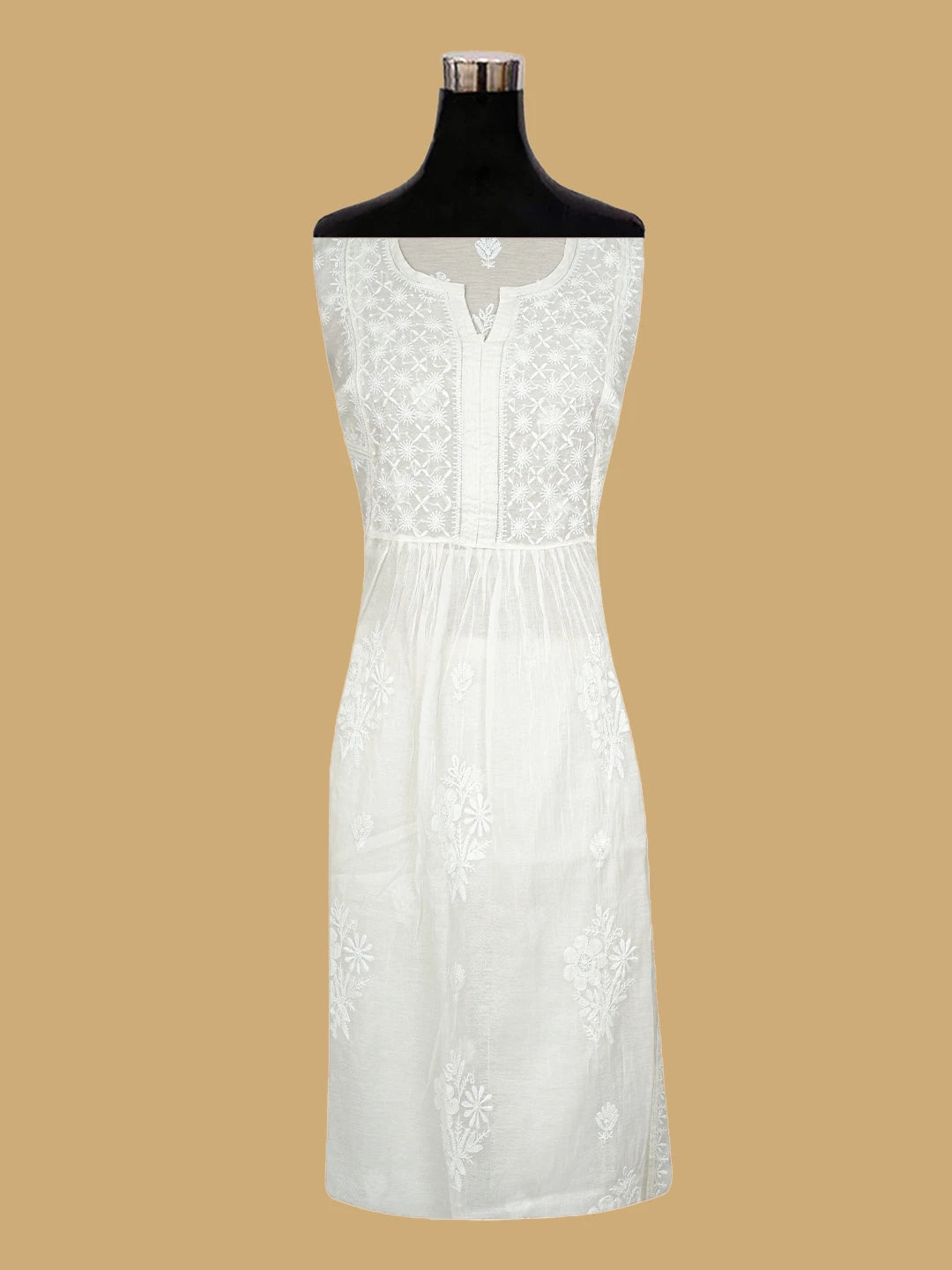 Ada Hand Embroidered White Chanderi Lucknowi Chikankari Semi-stitched Kurta Dupatta Set 01A811048