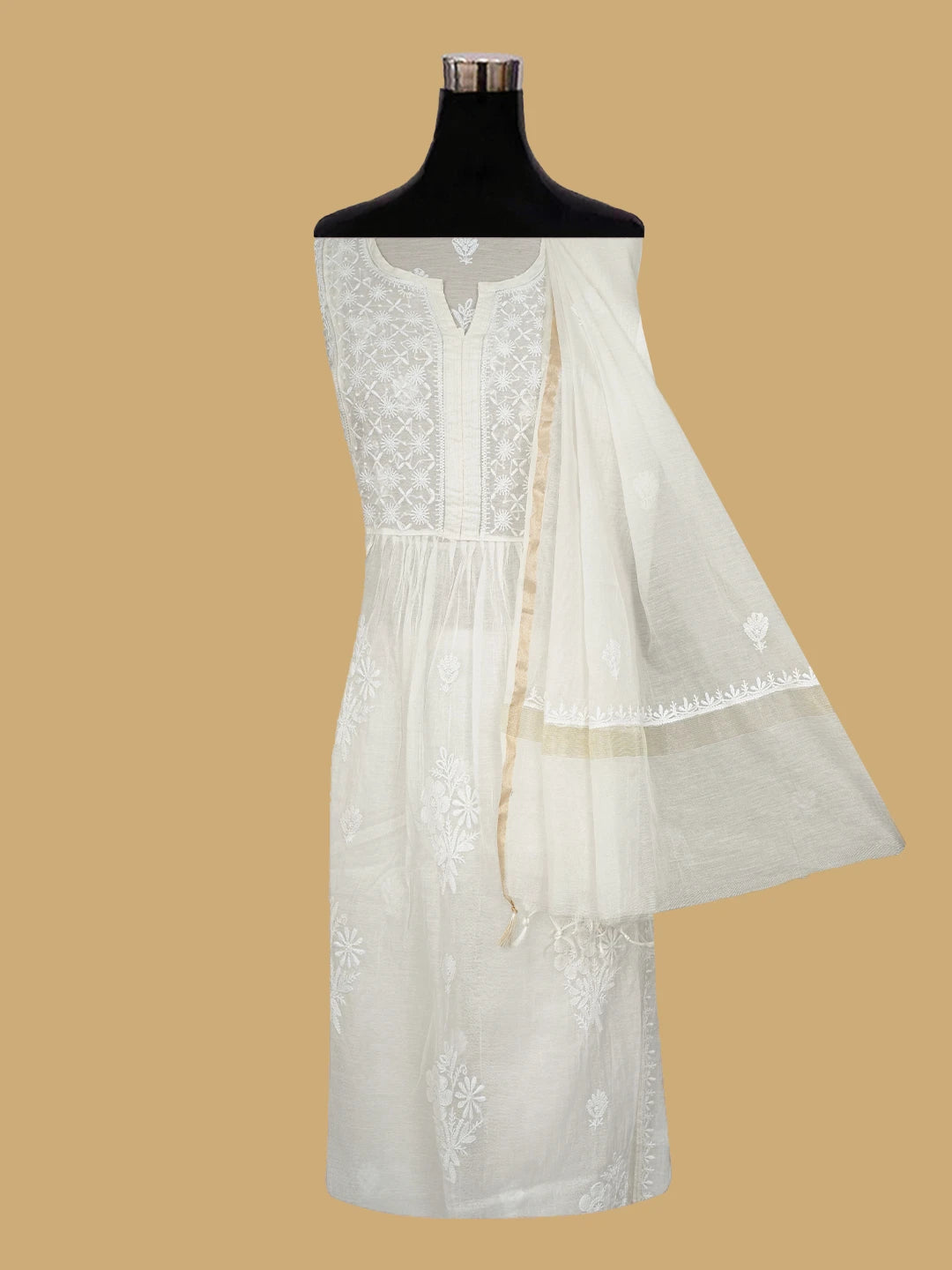 Ada Hand Embroidered White Chanderi Lucknowi Chikankari Semi-stitched Kurta Dupatta Set 01A811048