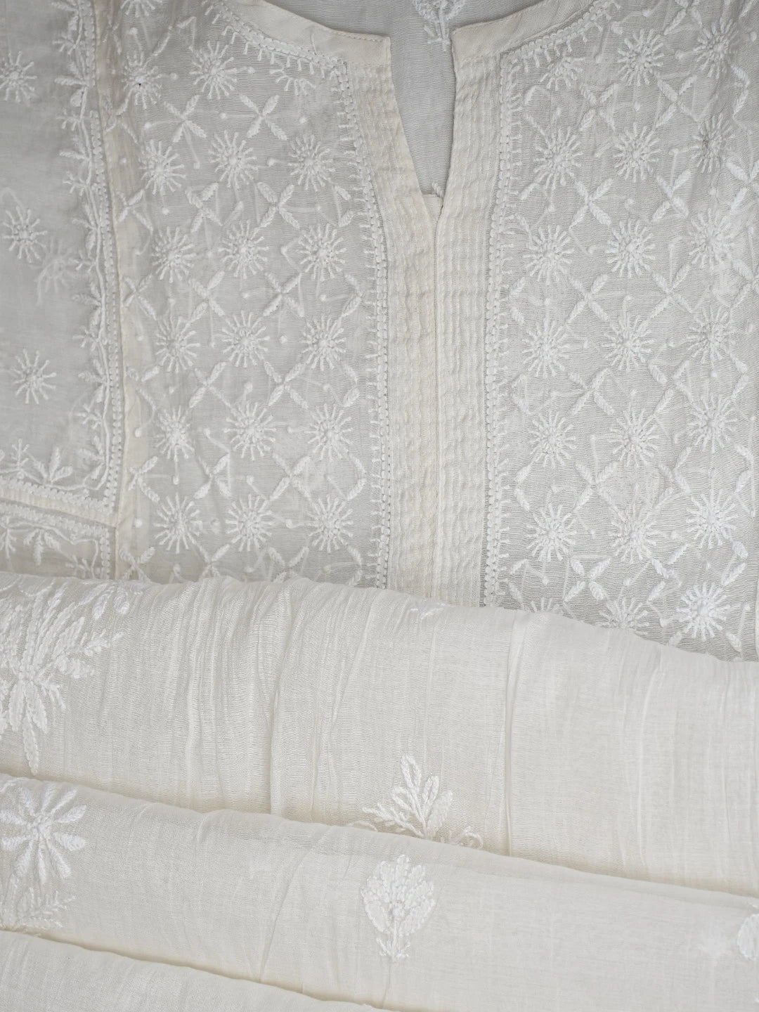 Ada Hand Embroidered White Chanderi Lucknowi Chikankari Semi-stitched Kurta Dupatta Set 01A811048