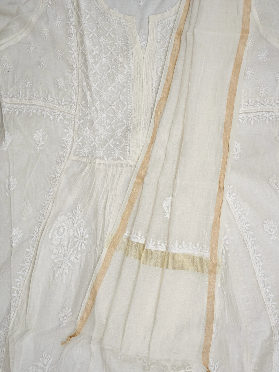 Ada Hand Embroidered White Chanderi Lucknowi Chikankari Semi-stitched Kurta Dupatta Set 01A811048