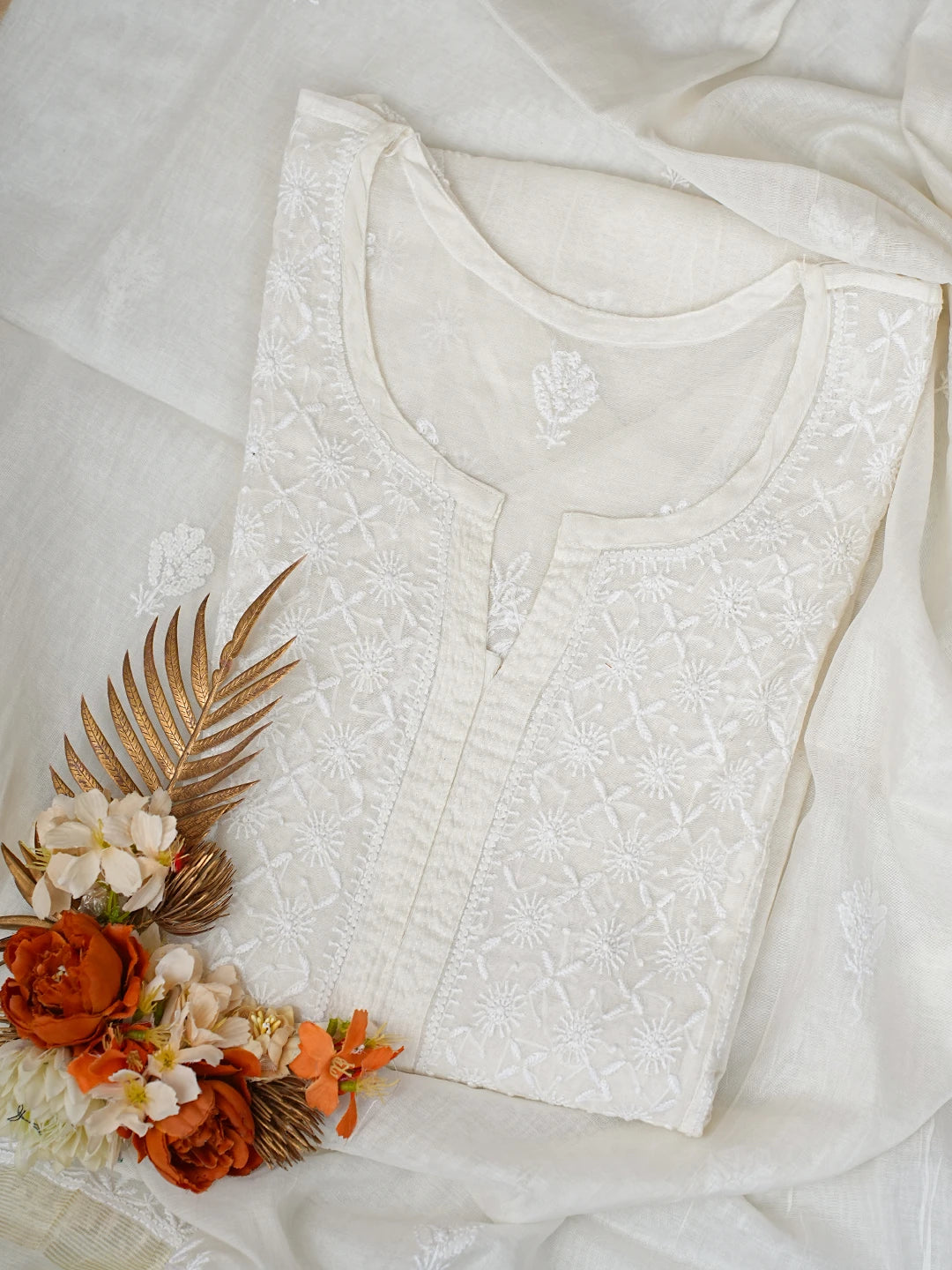 Ada Hand Embroidered White Chanderi Lucknowi Chikankari Semi-stitched Kurta Dupatta Set 01A811048
