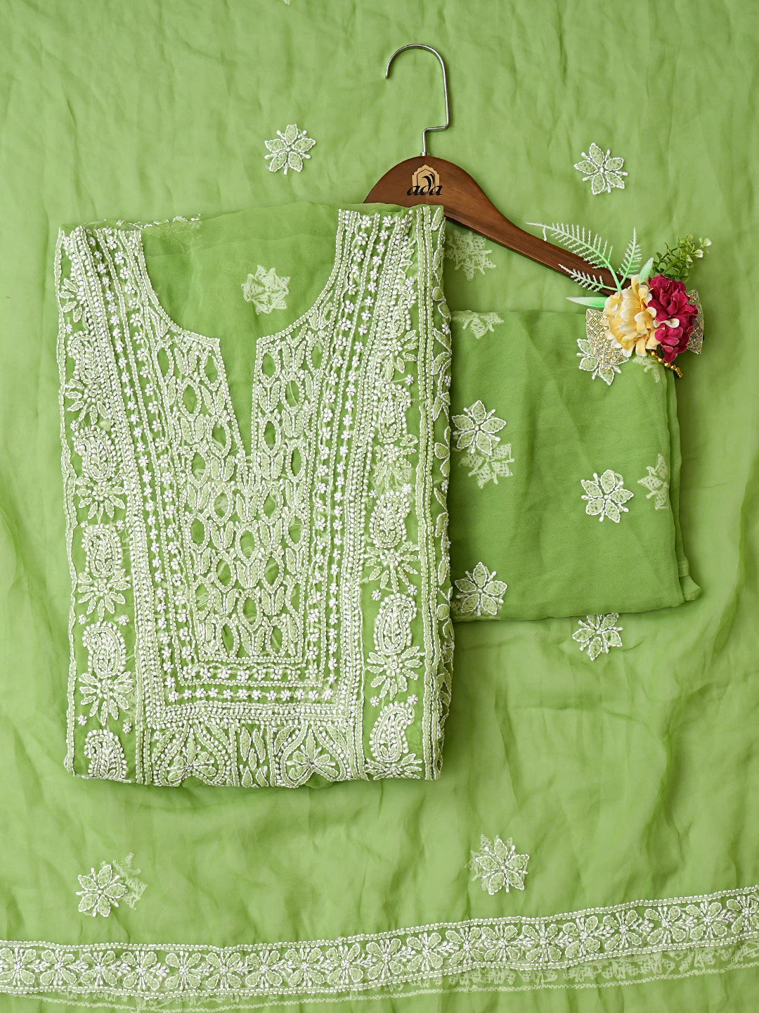 Ada Hand Embroidered Green Georgette Lucknowi Chikankari Unstitched Suit Piece 01A823819
