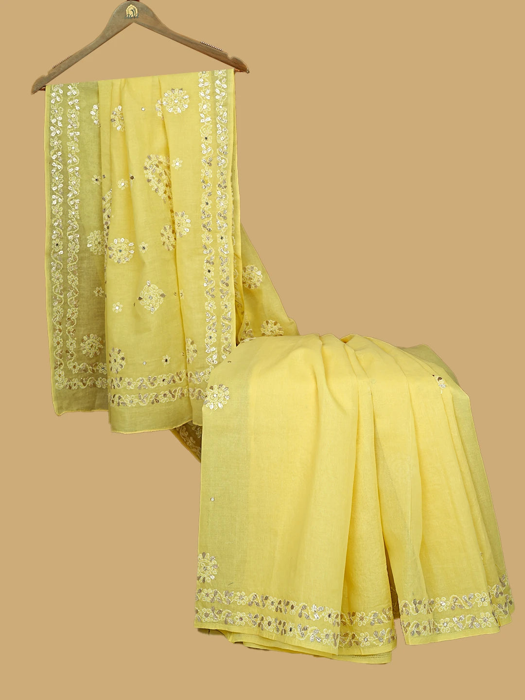 Ada Hand Embroidered Maize Yellow Cotton Lucknowi Chikankari Saree With Blouse With Mirror Work 01A563739