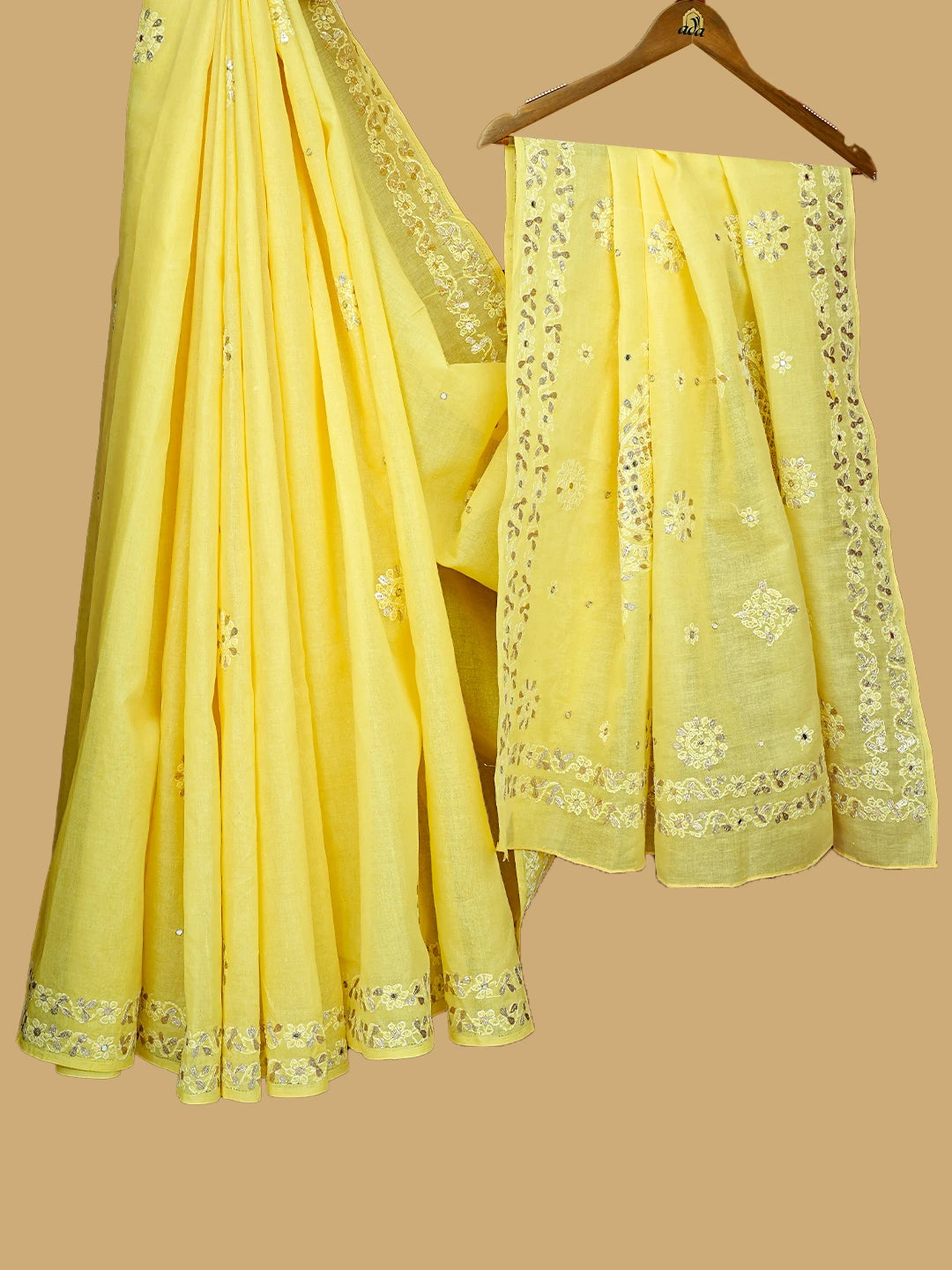 Ada Hand Embroidered Maize Yellow Cotton Lucknowi Chikankari Saree With Blouse With Mirror Work 01A563739