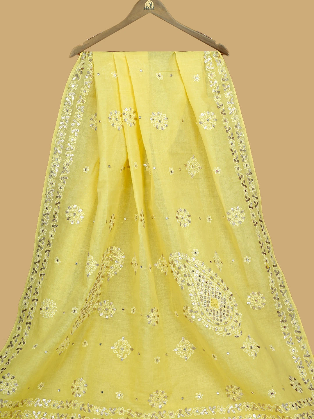 Ada Hand Embroidered Maize Yellow Cotton Lucknowi Chikankari Saree With Blouse With Mirror Work 01A563739