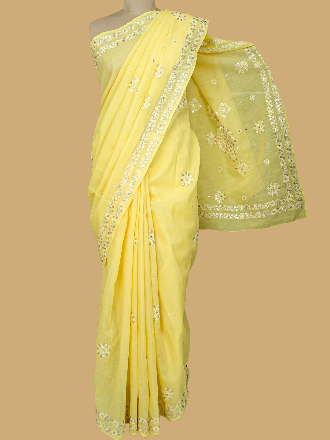Ada Hand Embroidered Maize Yellow Cotton Lucknowi Chikankari Saree With Blouse With Mirror Work 01A563739