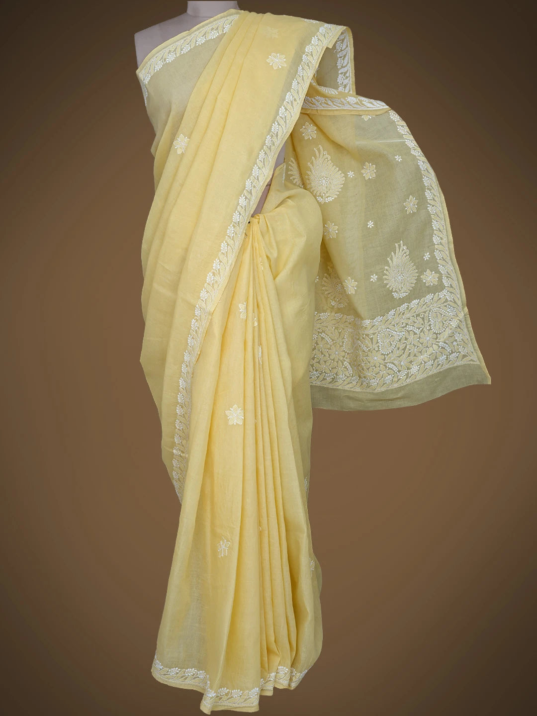 Ada Hand Embroidered Yellow Cotton Lucknowi Chikankari Saree and Blouse 01A777387