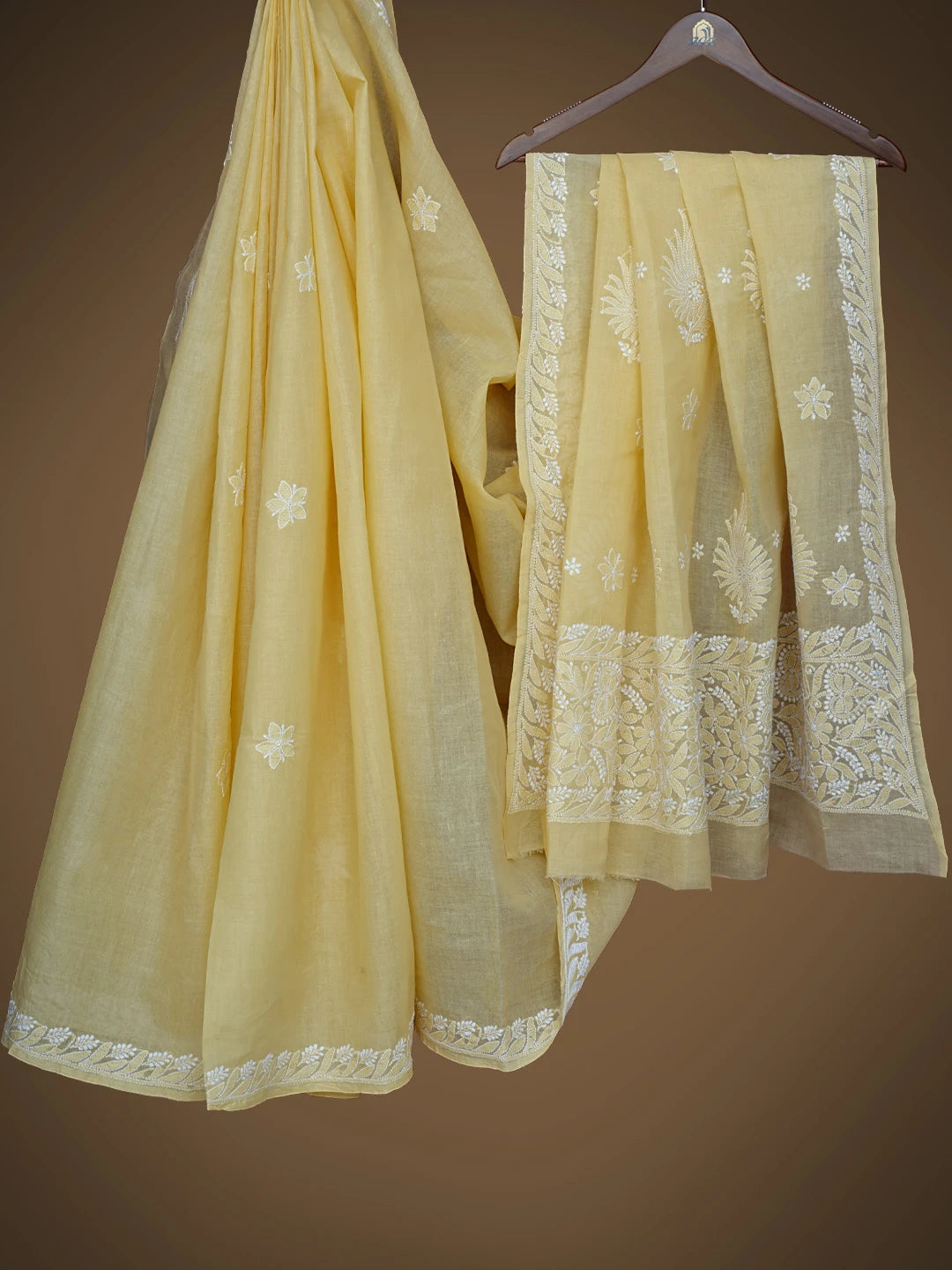 Ada Hand Embroidered Yellow Cotton Lucknowi Chikankari Saree and Blouse 01A777387