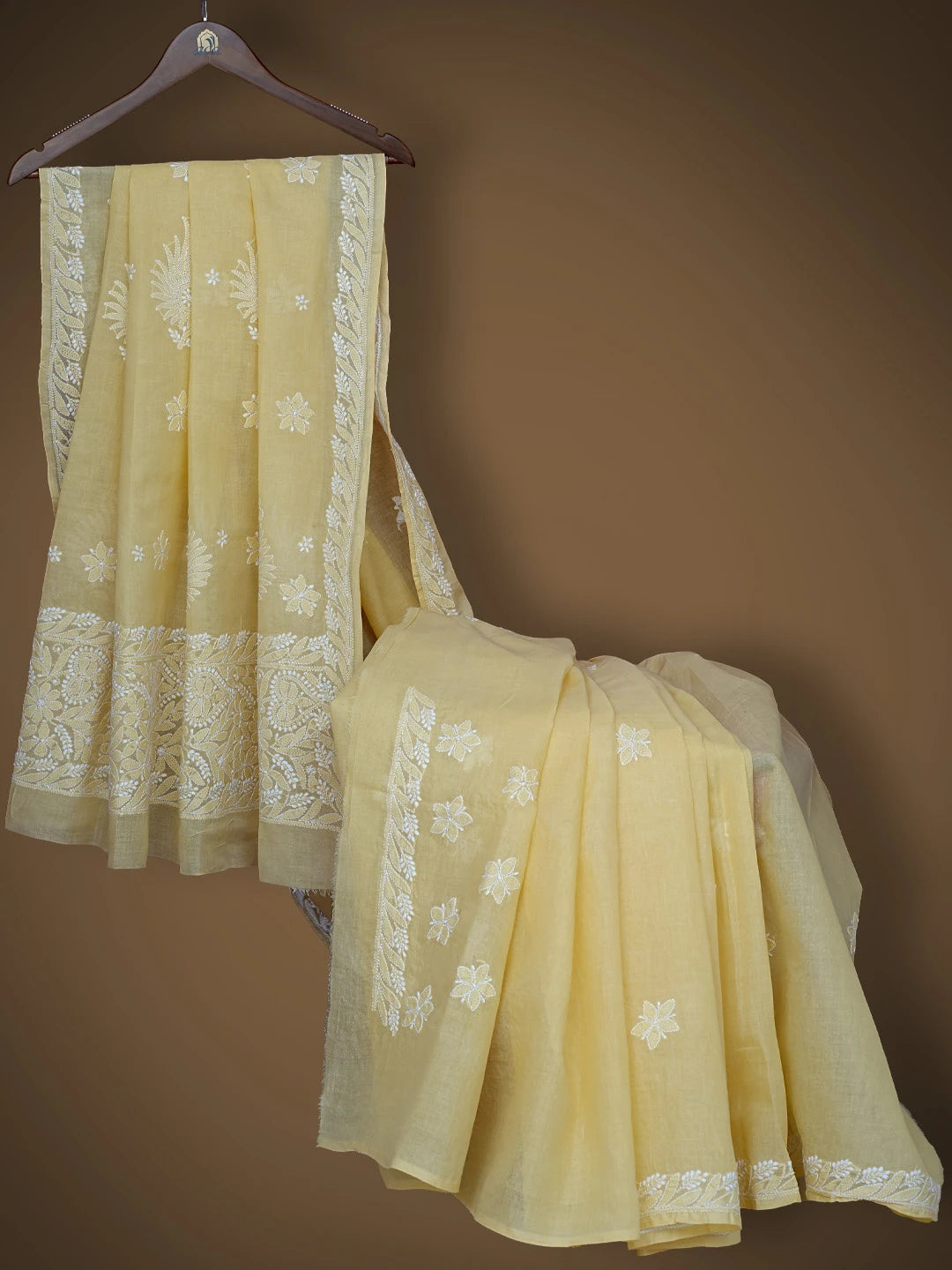 Ada Hand Embroidered Yellow Cotton Lucknowi Chikankari Saree and Blouse 01A777387