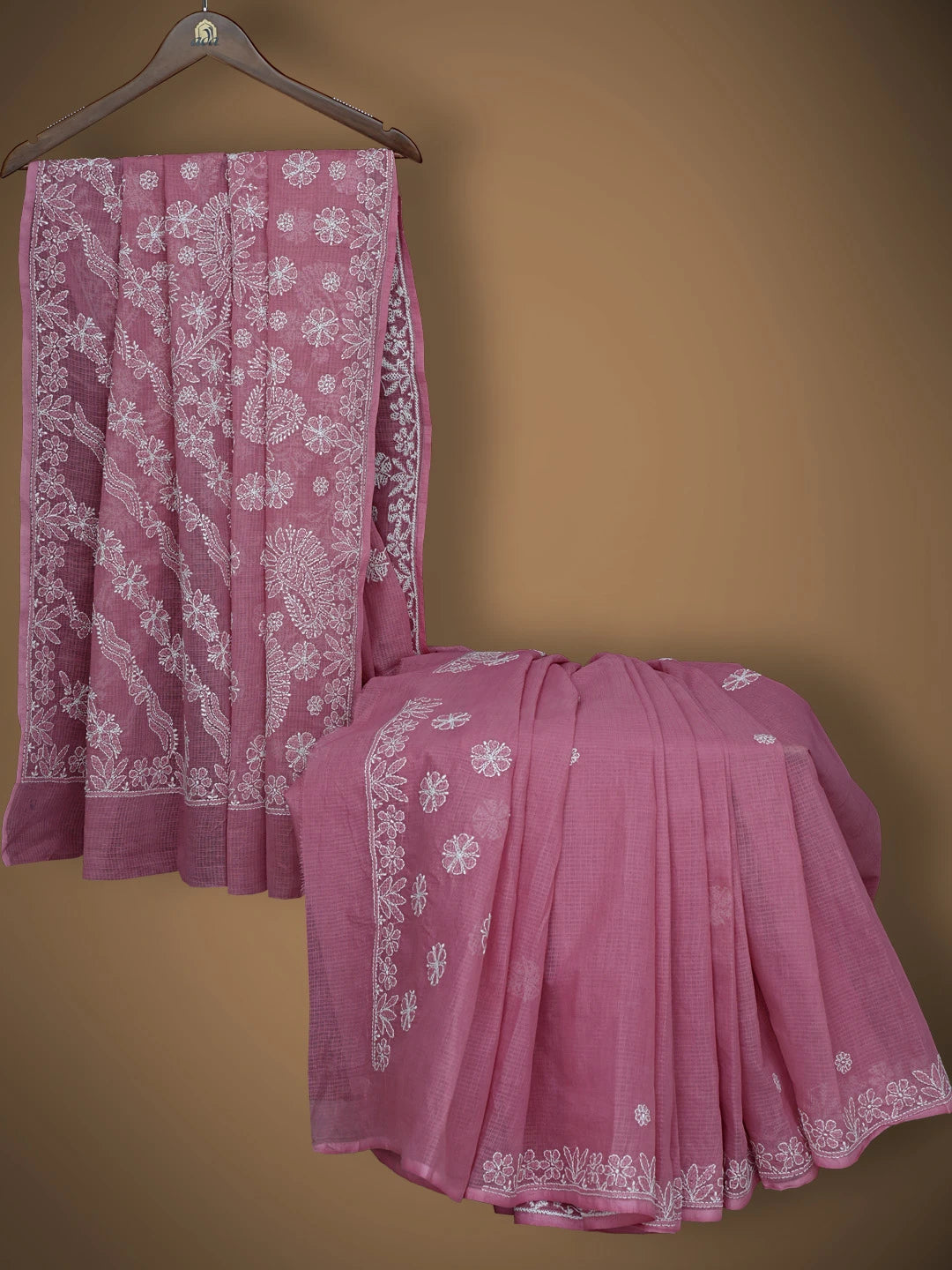 Ada Hand Embroidered Onion Pink Kota Lucknowi Chikankari Saree and Blouse 01A795270