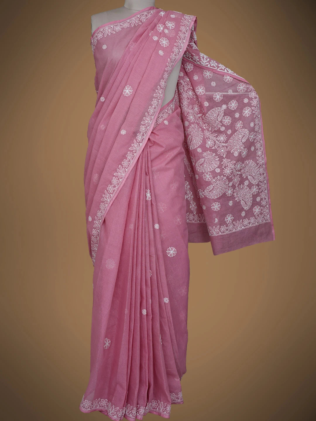 Ada Hand Embroidered Onion Pink Kota Lucknowi Chikankari Saree and Blouse 01A795270