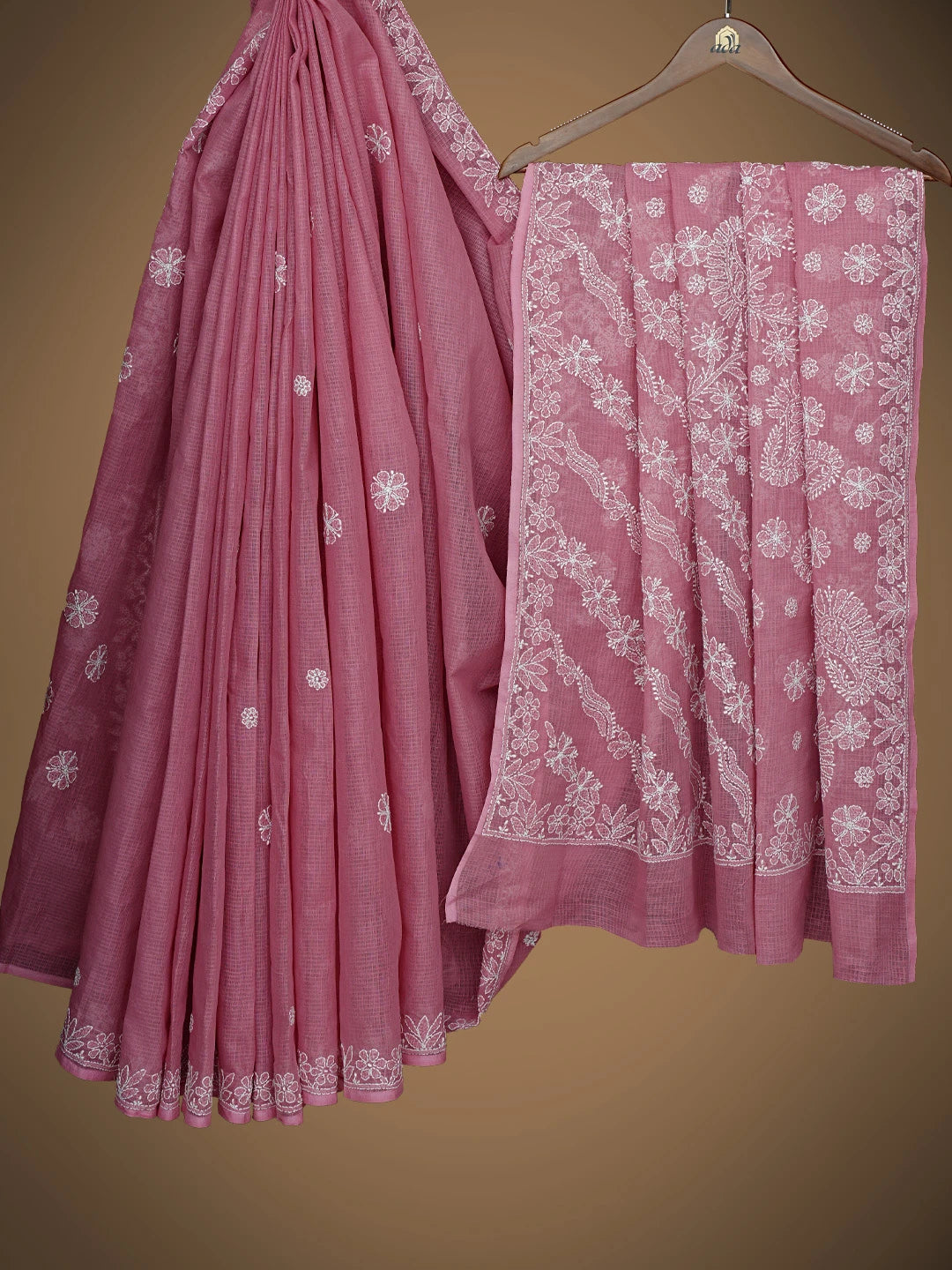 Ada Hand Embroidered Onion Pink Kota Lucknowi Chikankari Saree and Blouse 01A795270