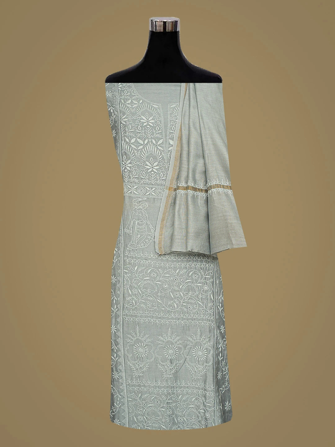 Ada Hand Embroidered Grey Chanderi Lucknowi Chikankari Semi-stitched Kurta Dupatta Set 01A639548