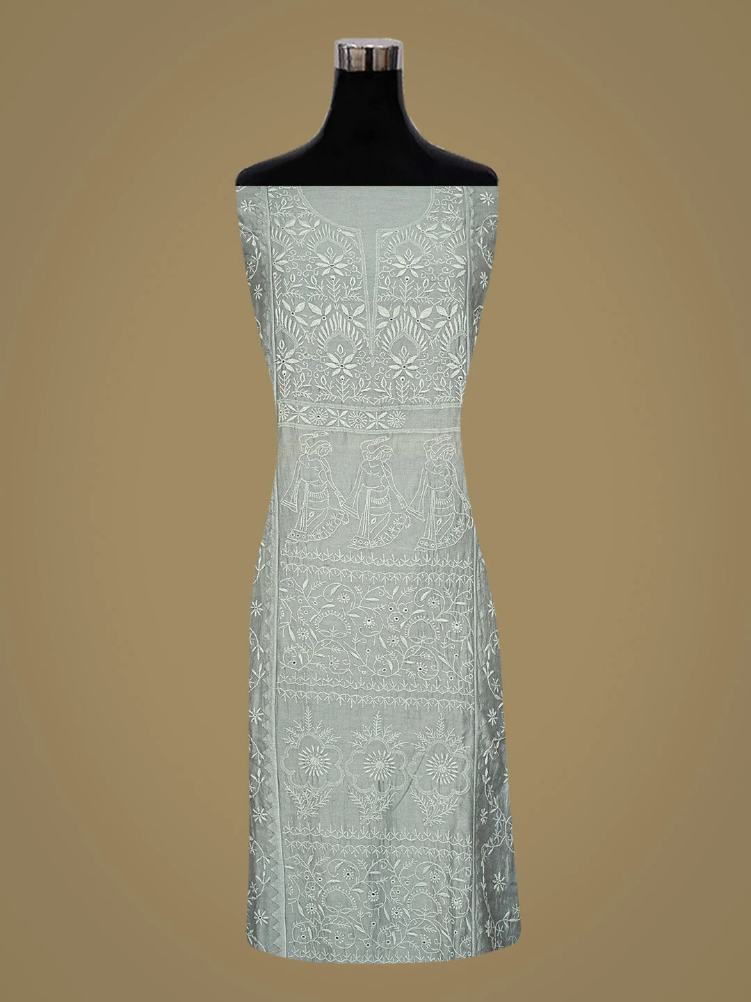 Ada Hand Embroidered Grey Chanderi Lucknowi Chikankari Semi-stitched Kurta Dupatta Set 01A639548