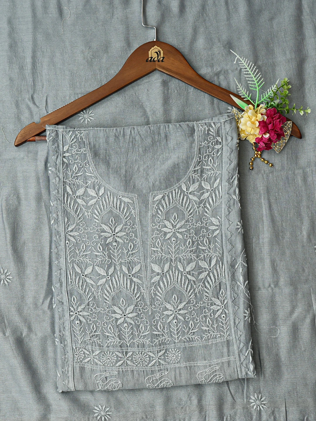 Ada Hand Embroidered Grey Chanderi Lucknowi Chikankari Semi-stitched Kurta Dupatta Set 01A639548