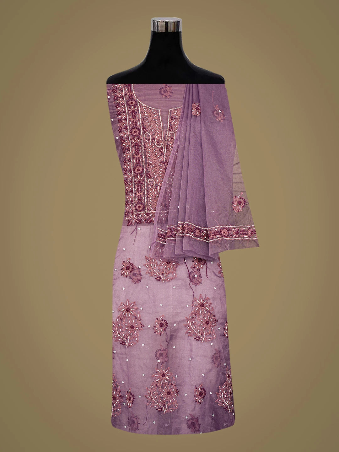Ada Hand Embroidered Purple Organza Lucknowi Chikankari Unstitched Kurta Dupatta Set With Pearl Work 01A751876