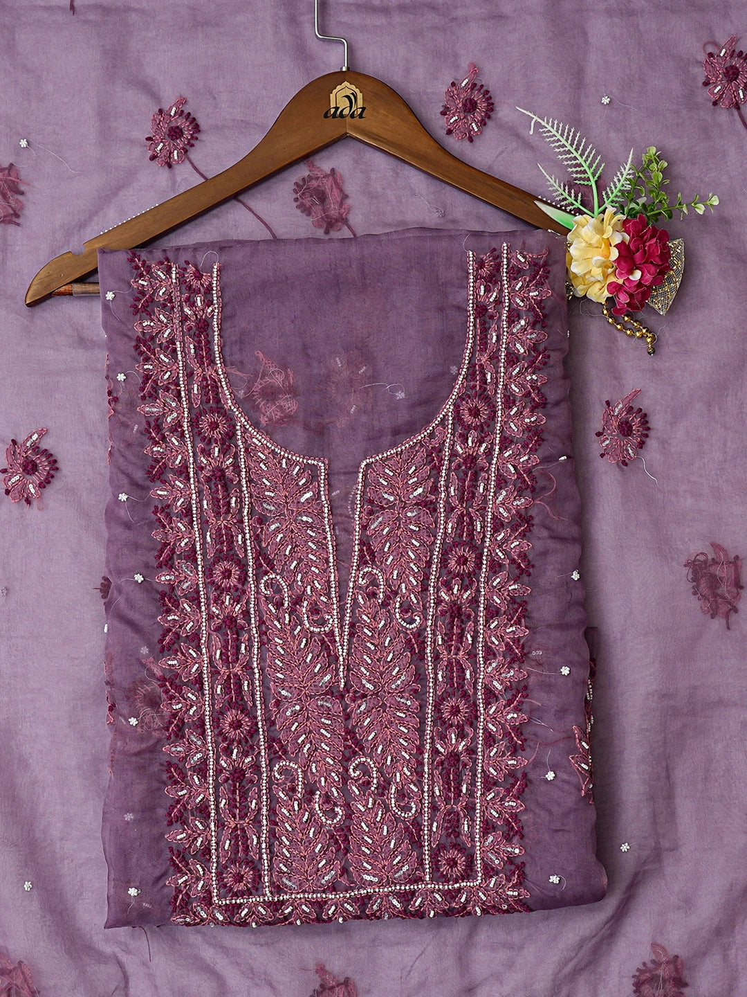 Ada Hand Embroidered Purple Organza Lucknowi Chikankari Unstitched Kurta Dupatta Set With Pearl Work 01A751876