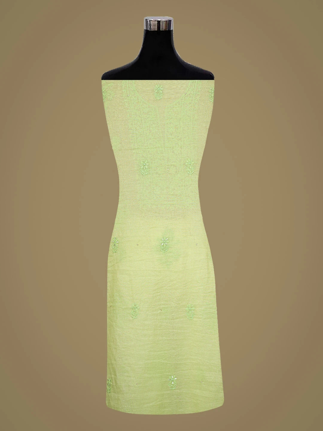 Ada Hand Embroidered Lime Green Chanderi Lucknowi Chikankari Unstitched Kurta Dupatta Set With Cutdana Work 01A789520