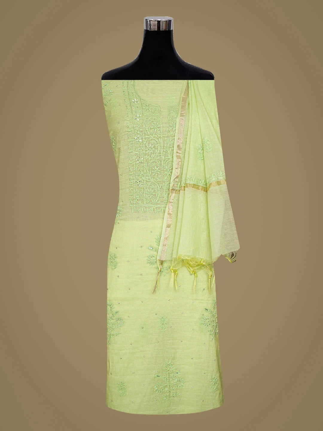 Ada Hand Embroidered Lime Green Chanderi Lucknowi Chikankari Unstitched Kurta Dupatta Set With Cutdana Work 01A789520