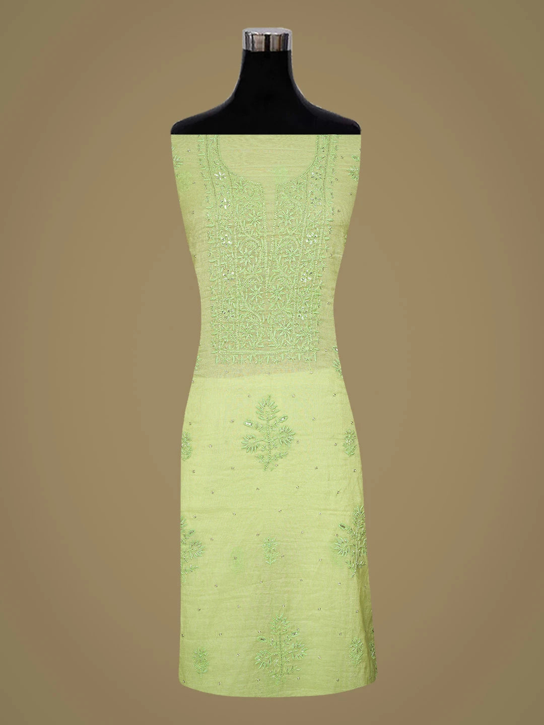 Ada Hand Embroidered Lime Green Chanderi Lucknowi Chikankari Unstitched Kurta Dupatta Set With Cutdana Work 01A789520