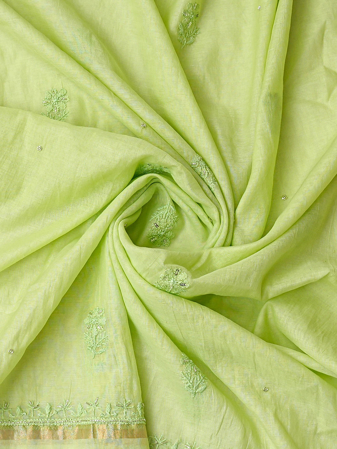 Ada Hand Embroidered Lime Green Chanderi Lucknowi Chikankari Unstitched Kurta Dupatta Set With Cutdana Work 01A789520