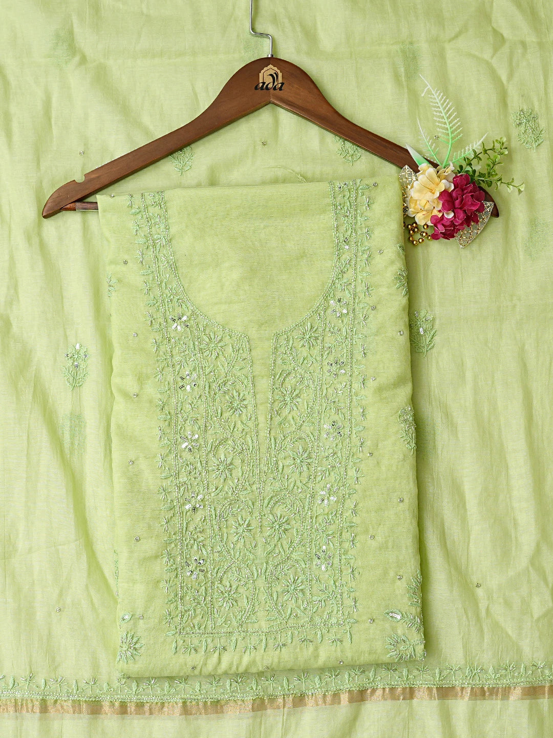 Ada Hand Embroidered Lime Green Chanderi Lucknowi Chikankari Unstitched Kurta Dupatta Set With Cutdana Work 01A789520