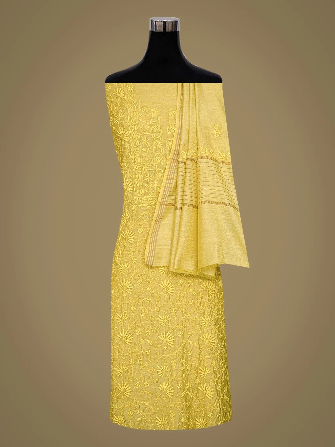 Ada Hand Embroidered Yellow Moonga Silk Lucknowi Chikankari Unstitched Kurta Dupatta Set 01A789589