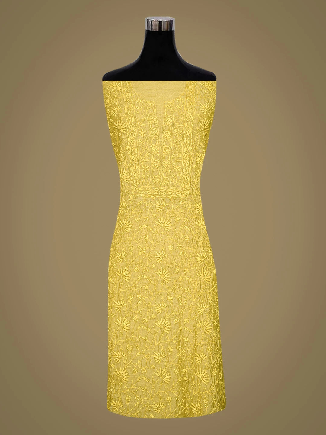 Ada Hand Embroidered Yellow Moonga Silk Lucknowi Chikankari Unstitched Kurta Dupatta Set 01A789589
