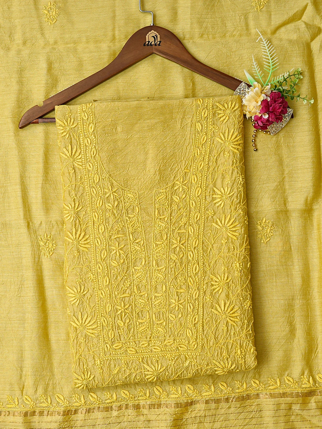 Ada Hand Embroidered Yellow Moonga Silk Lucknowi Chikankari Unstitched Kurta Dupatta Set 01A789589