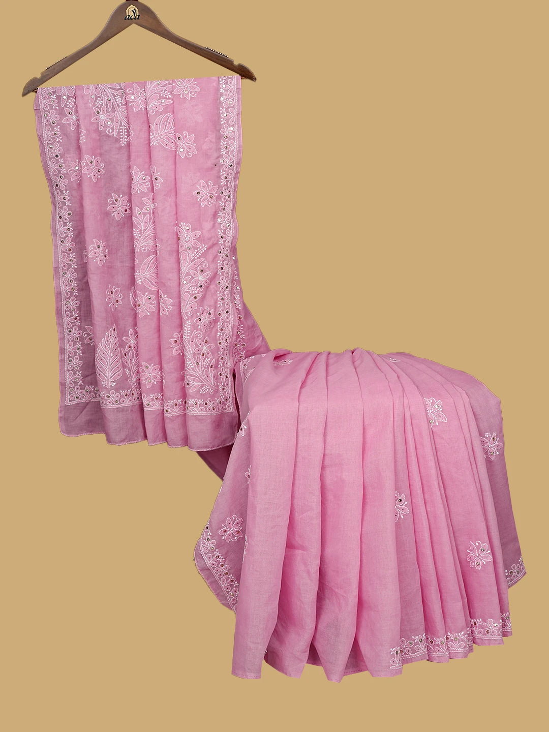 Ada Hand Embroidered Pink Cotton Lucknowi Chikankari Saree With Blouse With Muqaish Work 01A715411