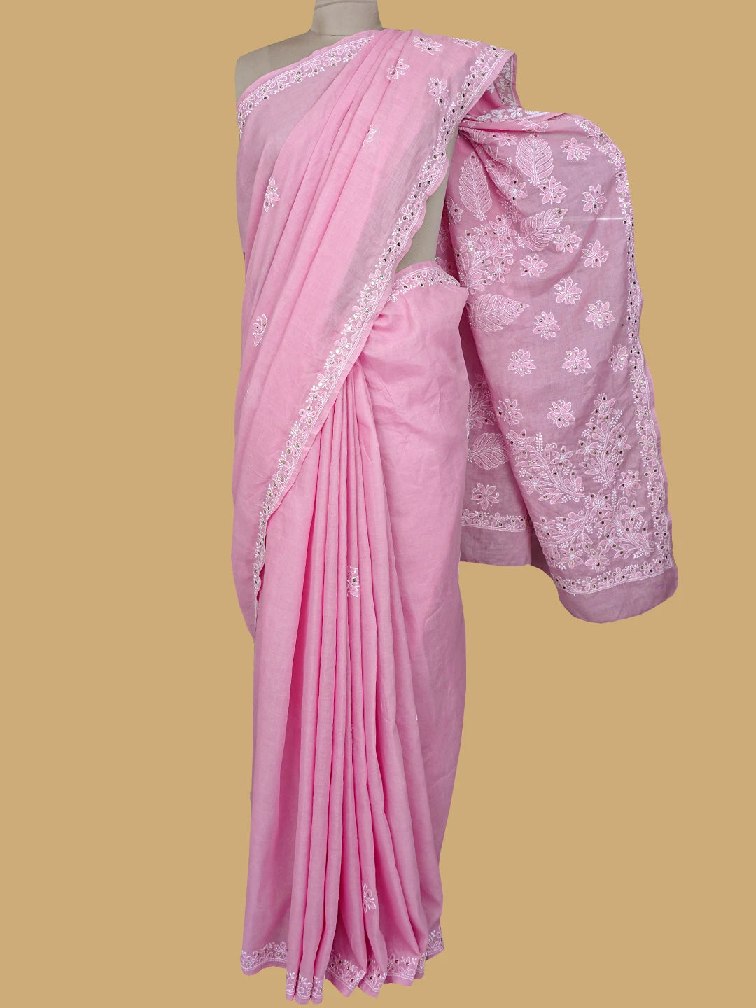 Ada Hand Embroidered Pink Cotton Lucknowi Chikankari Saree With Blouse With Muqaish Work 01A715411