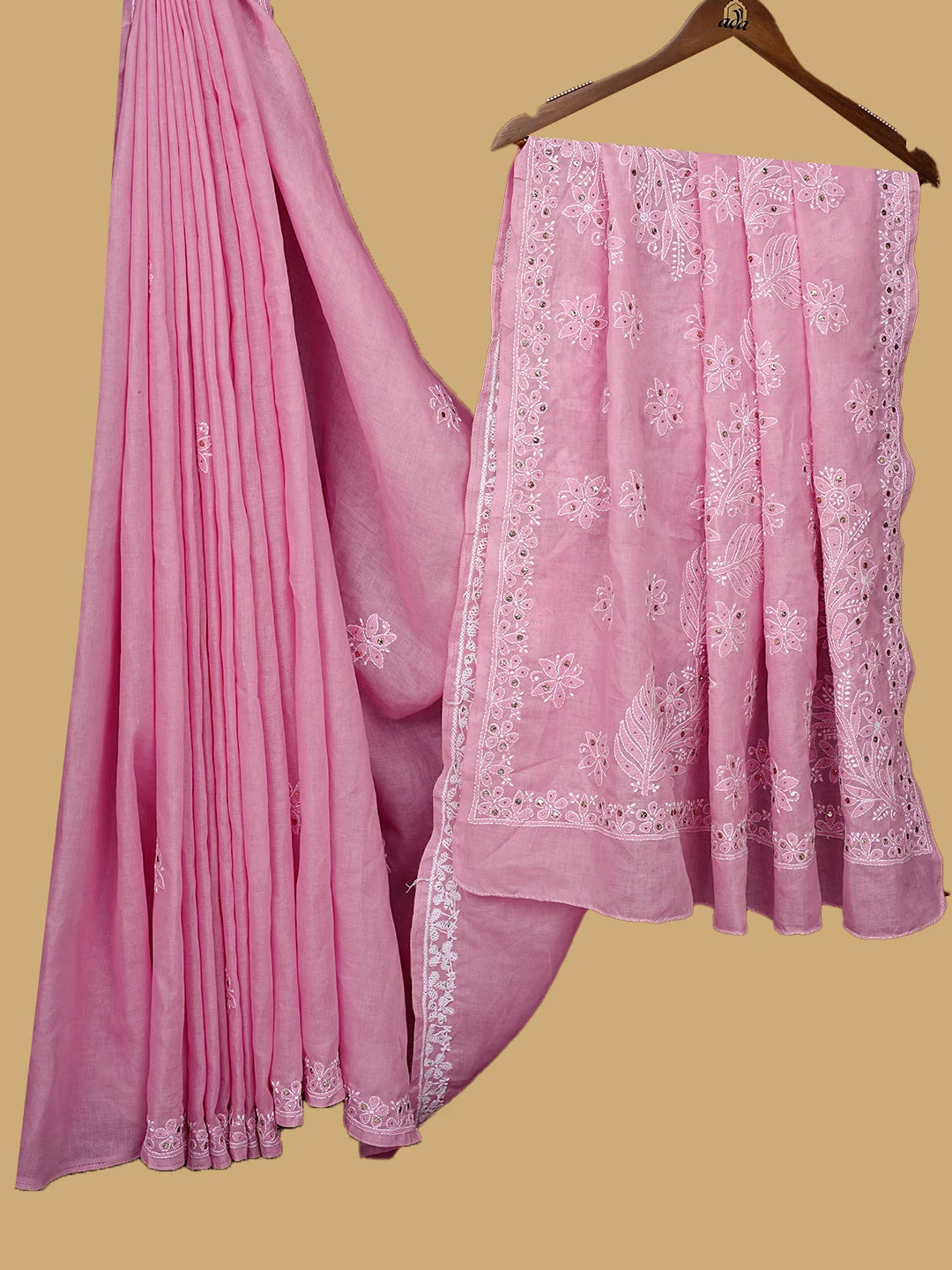 Ada Hand Embroidered Pink Cotton Lucknowi Chikankari Saree With Blouse With Muqaish Work 01A715411