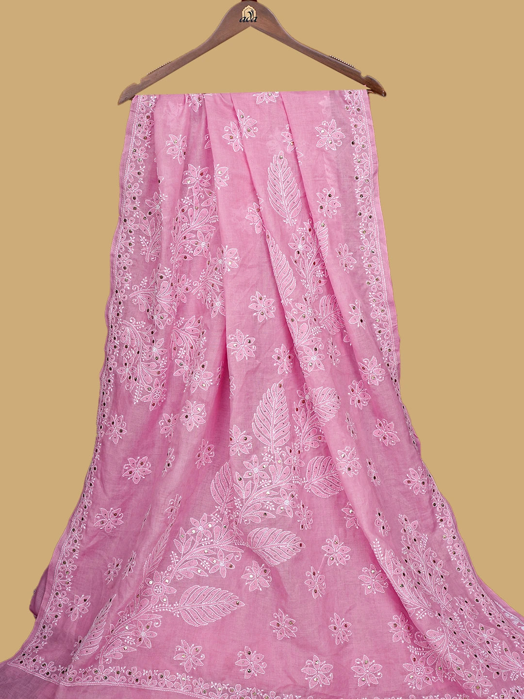 Ada Hand Embroidered Pink Cotton Lucknowi Chikankari Saree With Blouse With Muqaish Work 01A715411