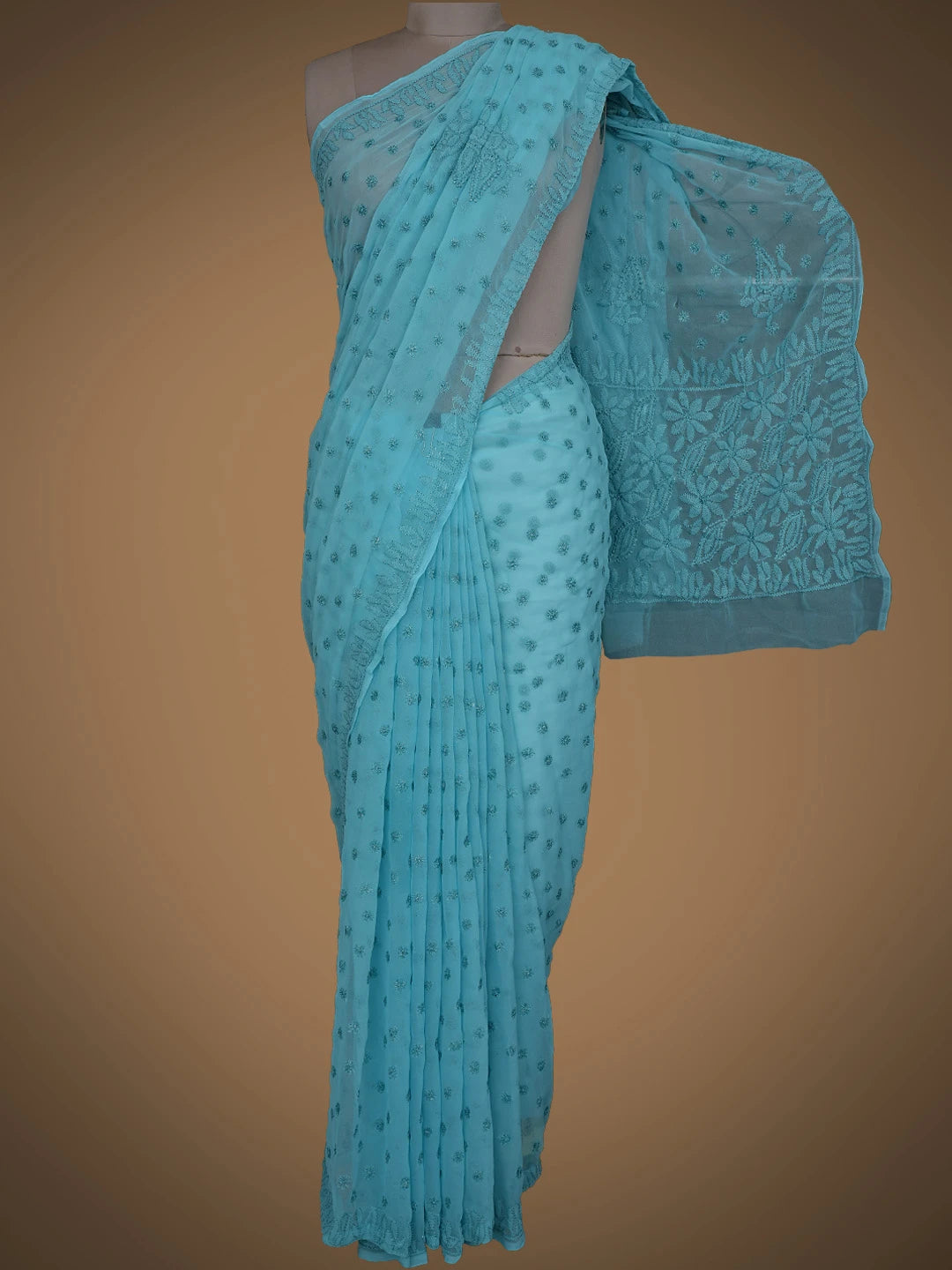 Ada Hand Embroidered Blue Georgette Lucknowi Chikankari Saree and Blouse 01A823574