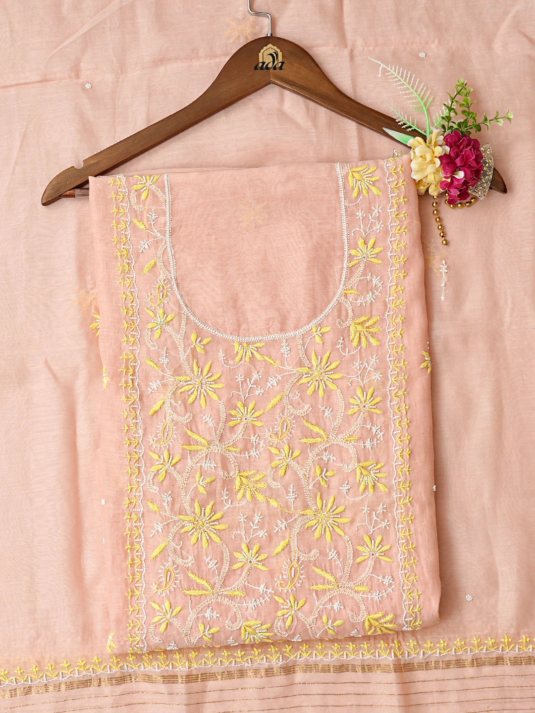 Ada Hand Embroidered Peach Chanderi Lucknowi Chikankari Unstitched Kurta Dupatta Set With Pearl Work 01A752412
