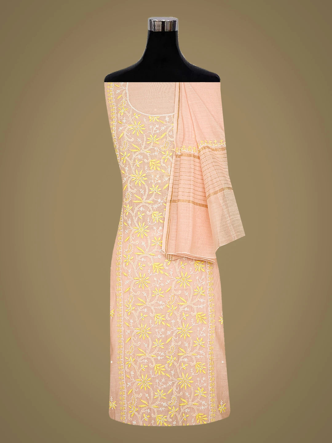 Ada Hand Embroidered Peach Chanderi Lucknowi Chikankari Unstitched Kurta Dupatta Set With Pearl Work 01A752412