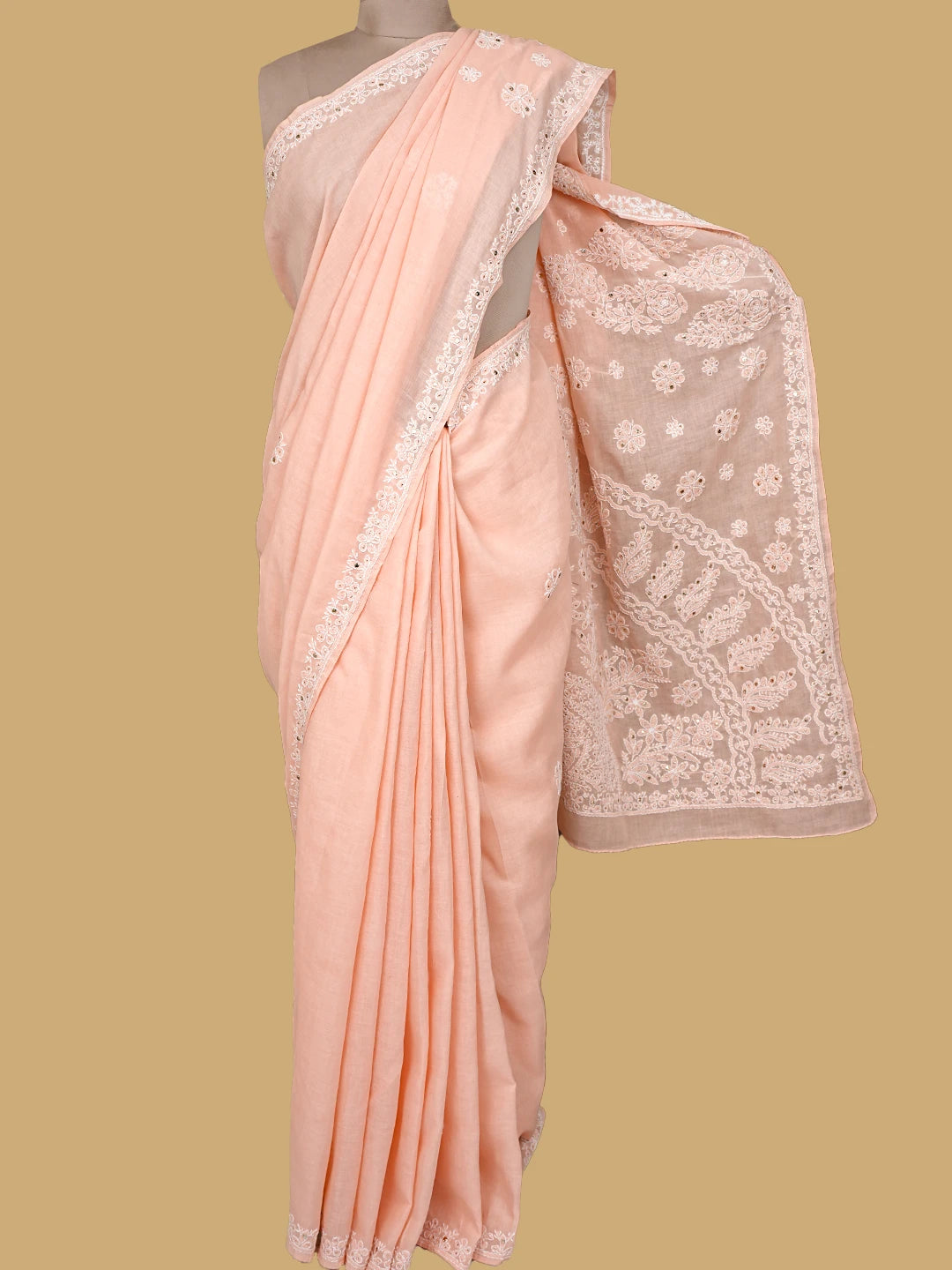 Ada Hand Embroidered Creamy Peach Cotton Lucknowi Chikankari Saree With Blouse With Muqaish Work 01A713157