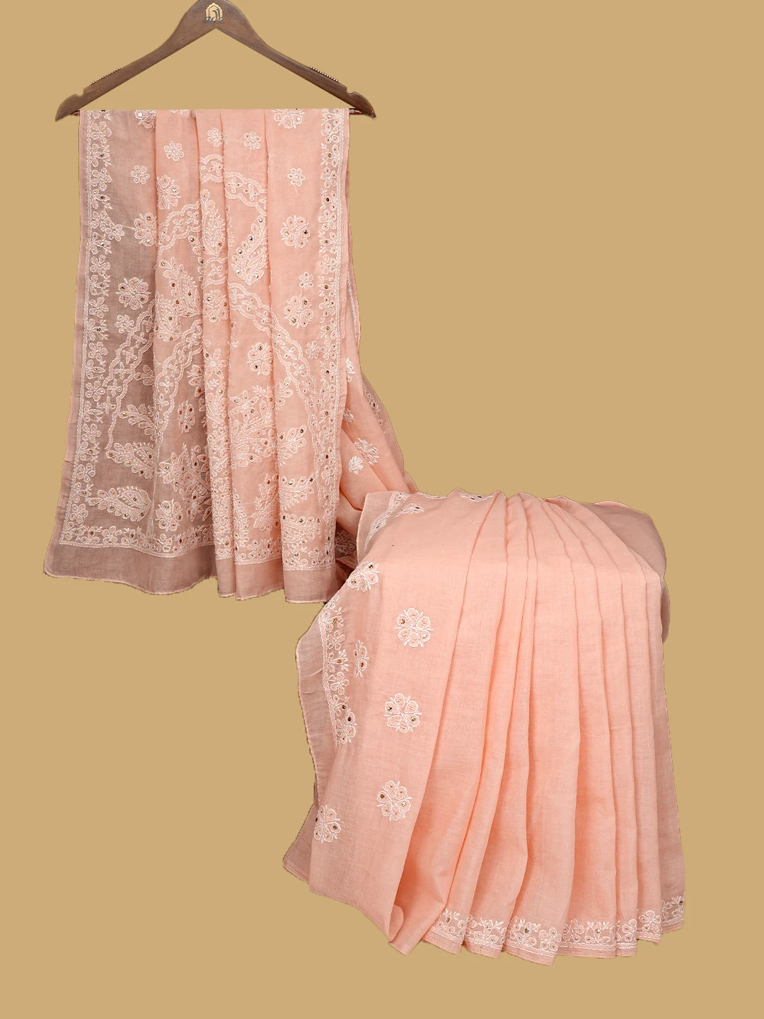 Ada Hand Embroidered Creamy Peach Cotton Lucknowi Chikankari Saree With Blouse With Muqaish Work 01A713157