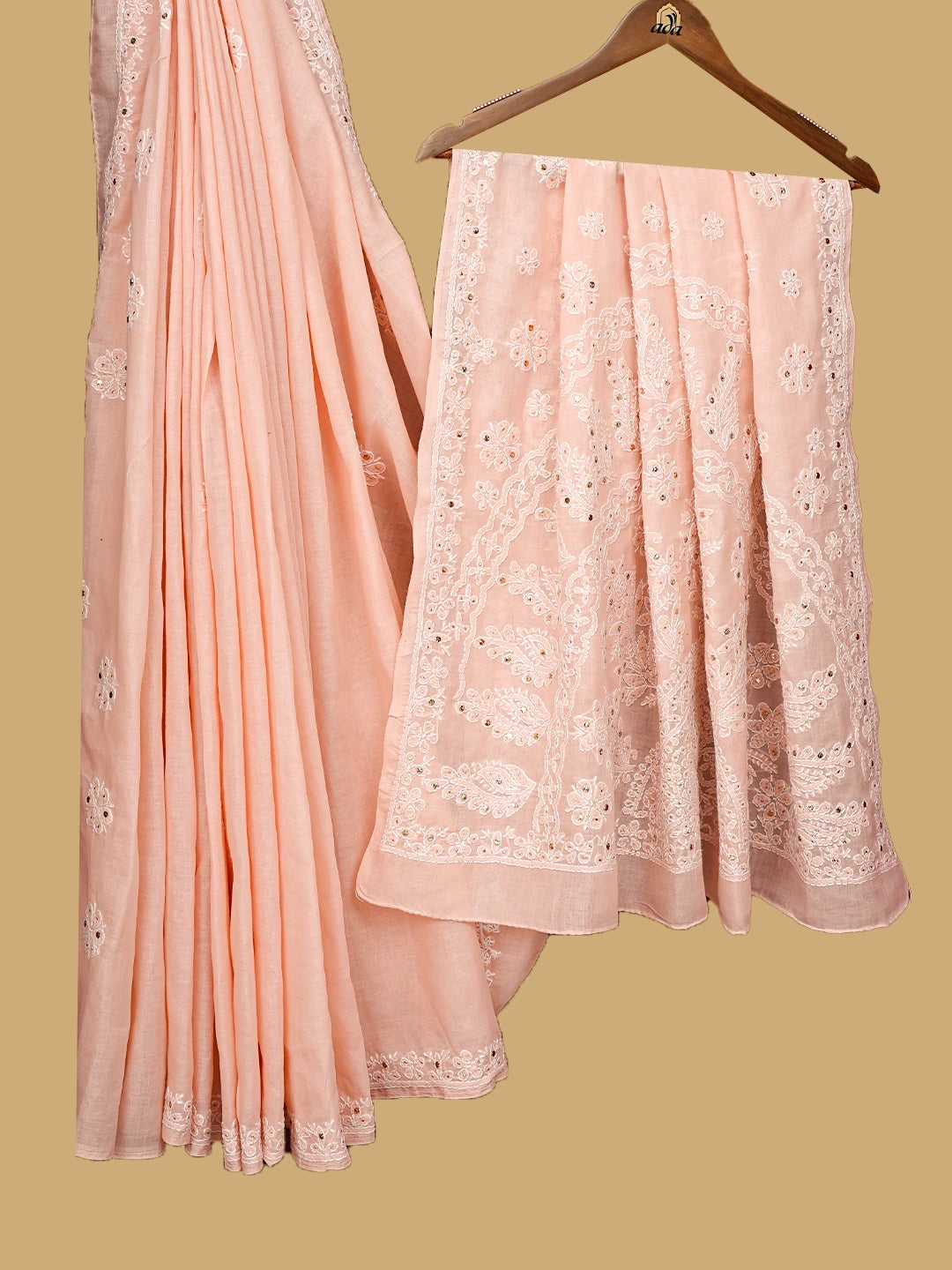 Ada Hand Embroidered Creamy Peach Cotton Lucknowi Chikankari Saree With Blouse With Muqaish Work 01A713157