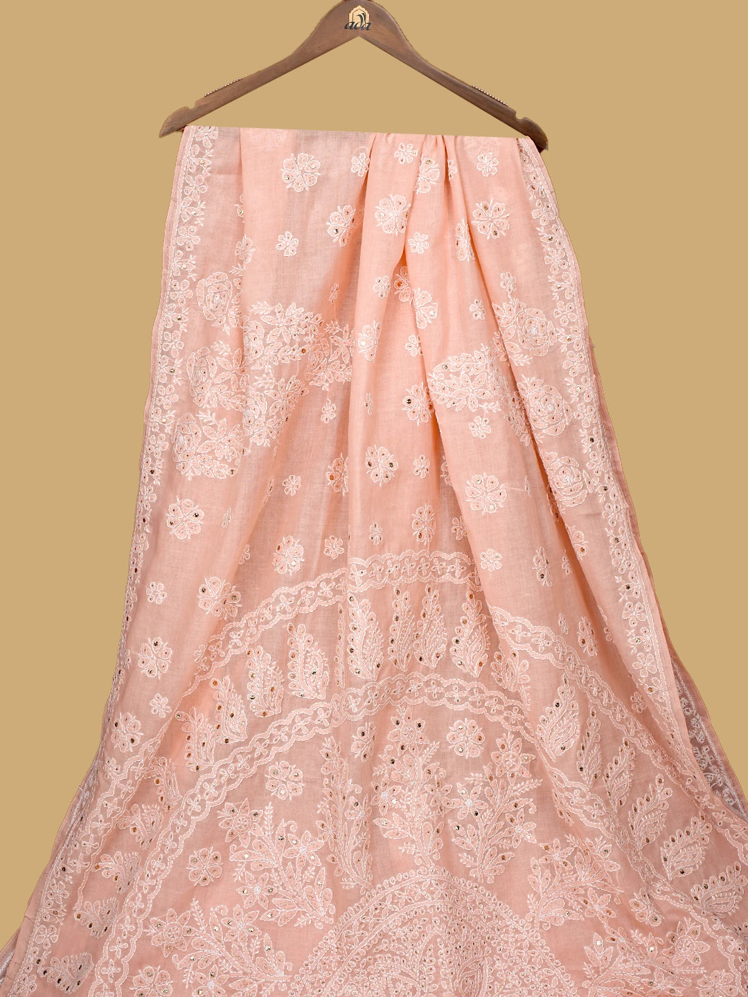 Ada Hand Embroidered Creamy Peach Cotton Lucknowi Chikankari Saree With Blouse With Muqaish Work 01A713157