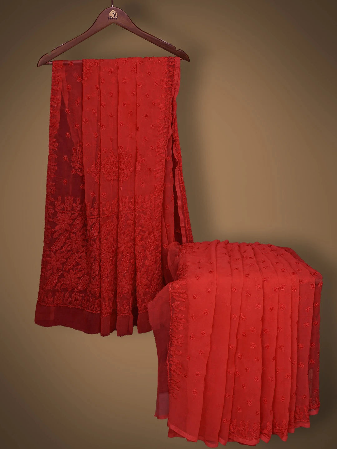 Ada Hand Embroidered Brick Red Georgette Lucknowi Chikankari Saree and Blouse 01A823583