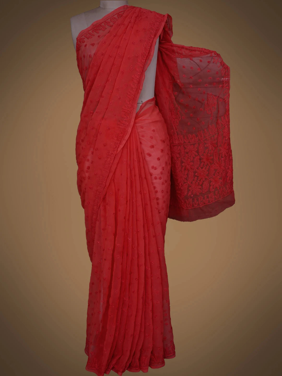 Ada Hand Embroidered Brick Red Georgette Lucknowi Chikankari Saree and Blouse 01A823583