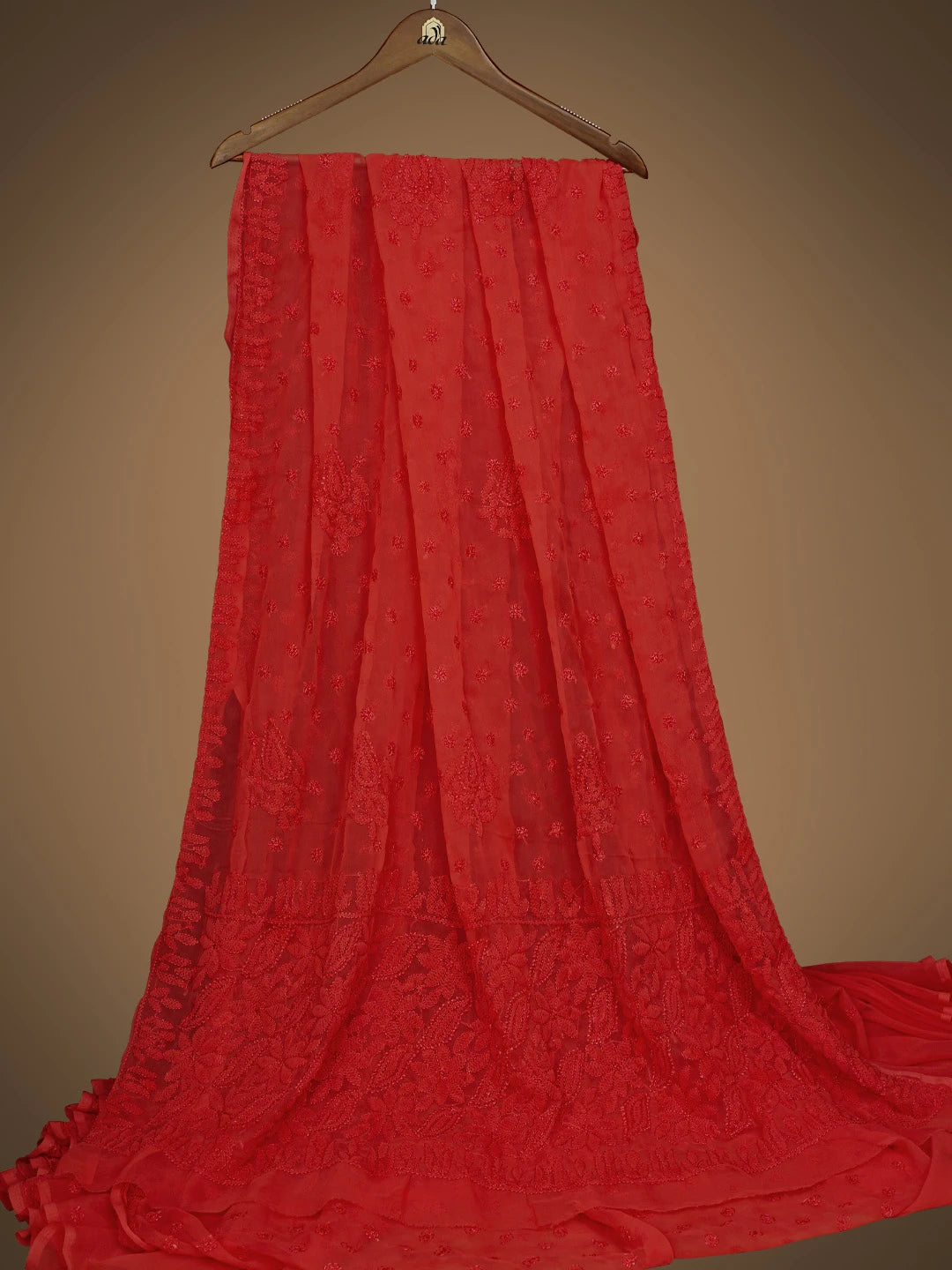 Ada Hand Embroidered Brick Red Georgette Lucknowi Chikankari Saree and Blouse 01A823583