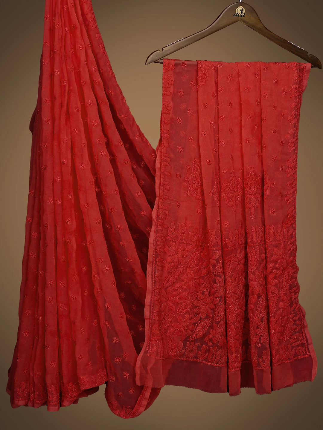 Ada Hand Embroidered Brick Red Georgette Lucknowi Chikankari Saree and Blouse 01A823583